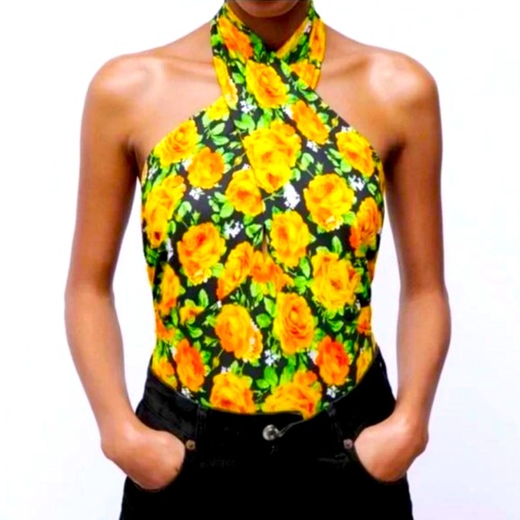 NWT Zara CrissCross HalterNeck Bodysuit Black/Yellow Floral SnapButtonTop Size M - Picture 1 of 6